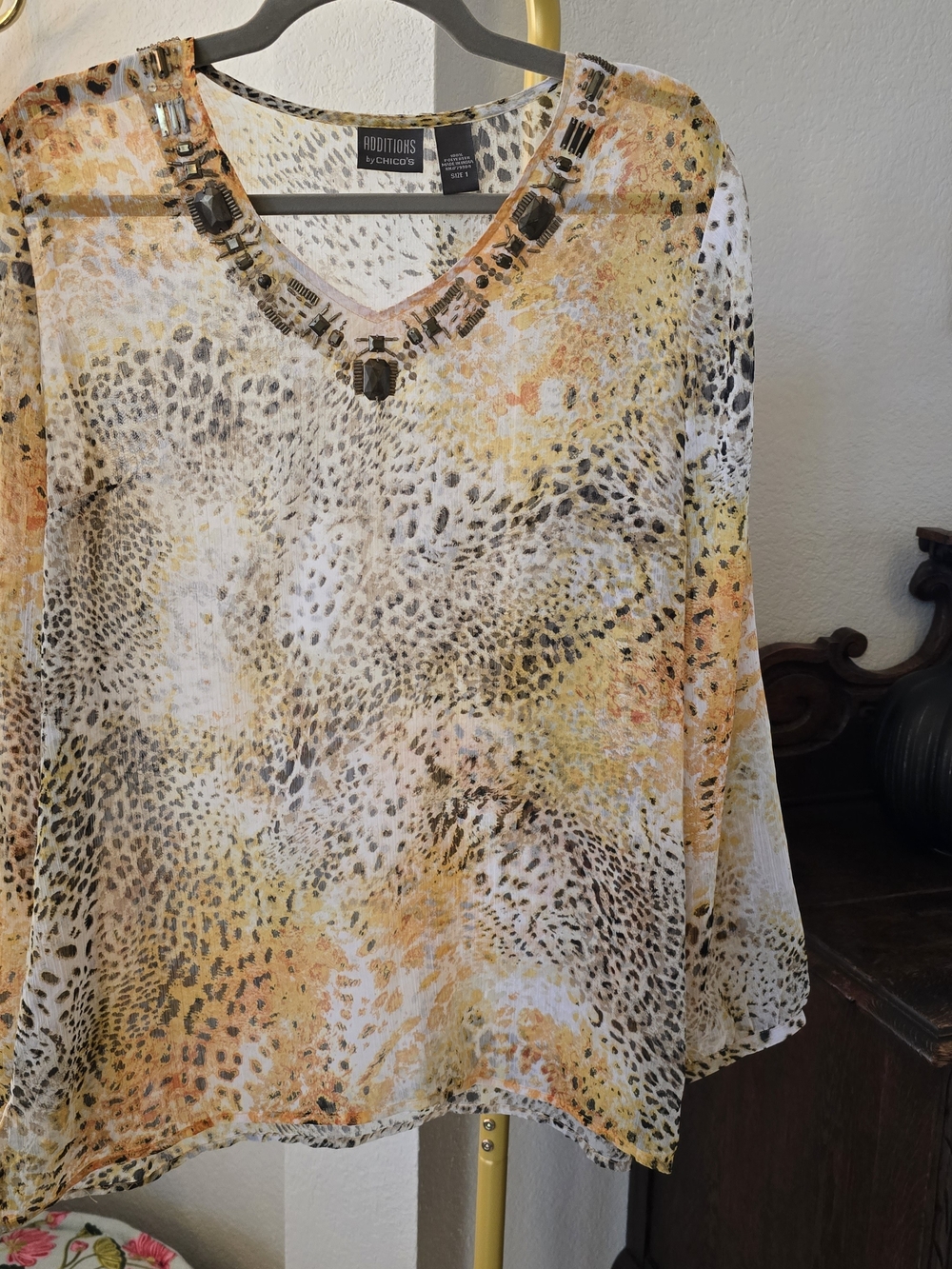 Chico's Yellow & White Beaded V-Neck Animal-Print Tunic Sheer